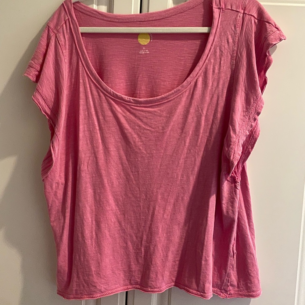 Anthropologie distressed pink tee with ruffly sleeves